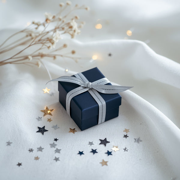 Starry Night Box - dark navy blue jewelry gift box with silver ribbon